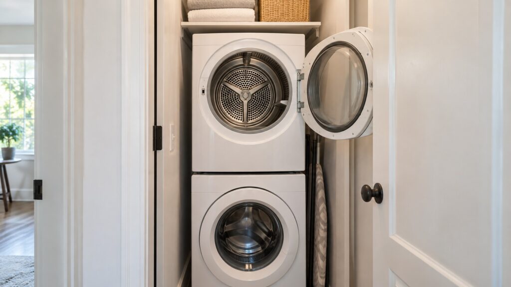 A stacked washer and dryer column in a narrow laundry closet, the dryer door open showing an empty stainless drum.