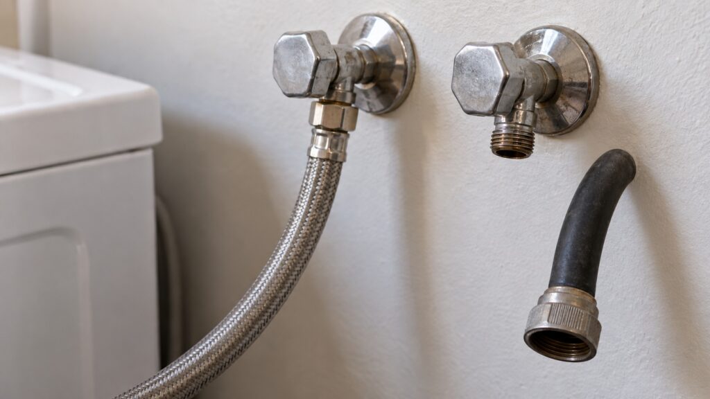 A braided stainless steel washing machine supply hose connected to a shutoff valve on a laundry room wall, an older rubber hose hanging loose beside it.