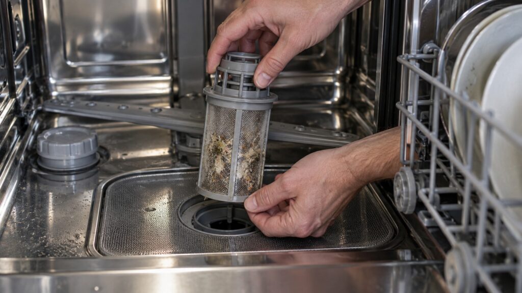 Two hands lifting a cylindrical dishwasher filter out of the flat screen in the tub floor, food debris caught in the mesh.