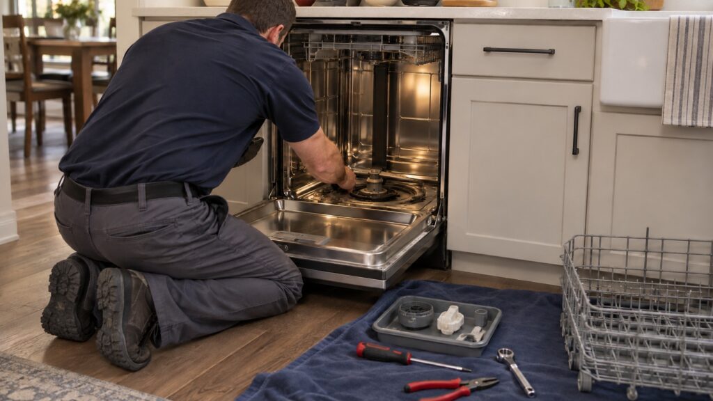 A technician kneeling beside an open built-in dishwasher with a parts tray and hand tools on a cloth beside him.