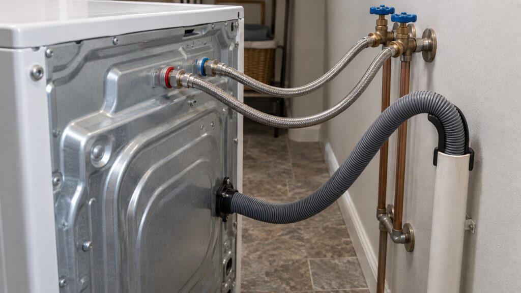 The back of a front-loading washing machine pulled away from the wall, two braided supply hoses screwed to the inlets and the corrugated drain hose looped up toward a standpipe.