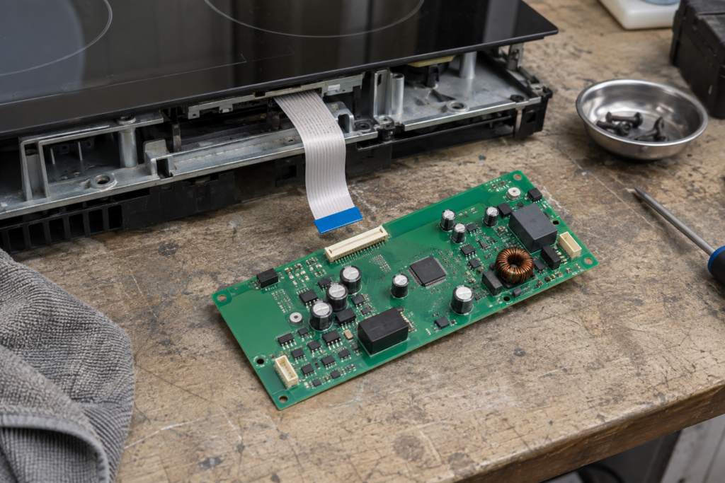 Control board and ribbon cable connector removed from beneath an induction cooktop touch panel