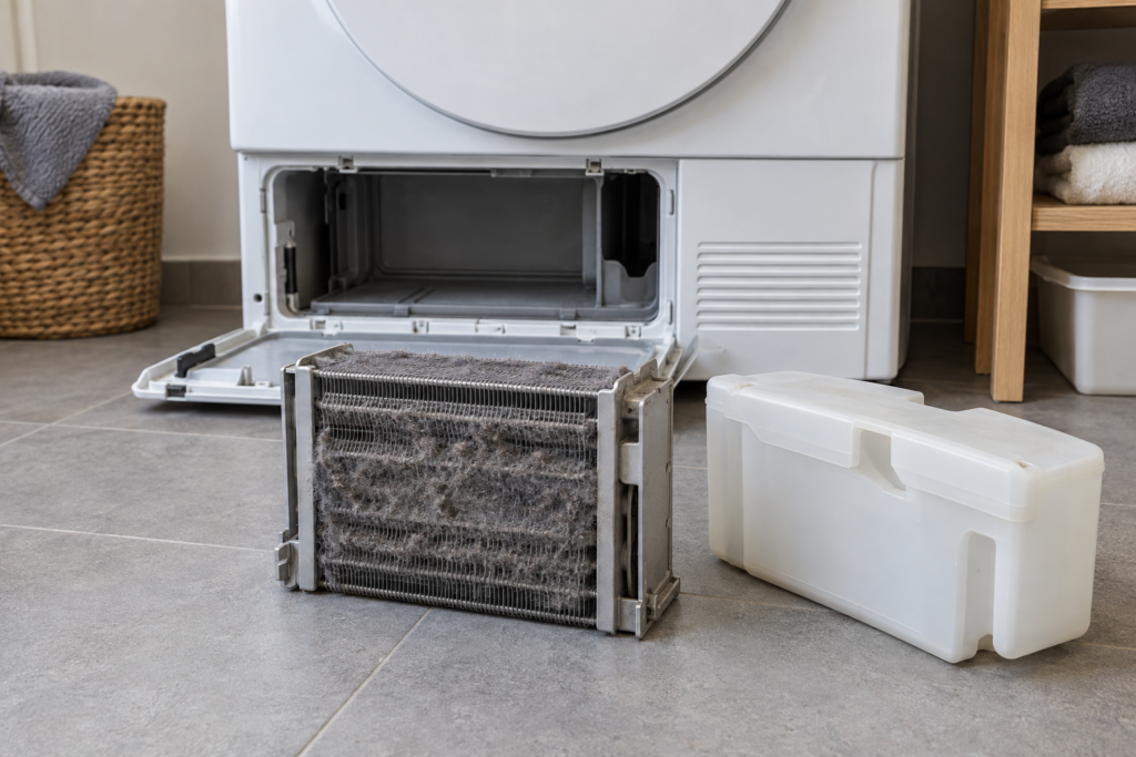 The finned condenser block lifted out of the plinth of a condenser tumble dryer, its plates matted with felted lint beside the open hatch and condensate tank.