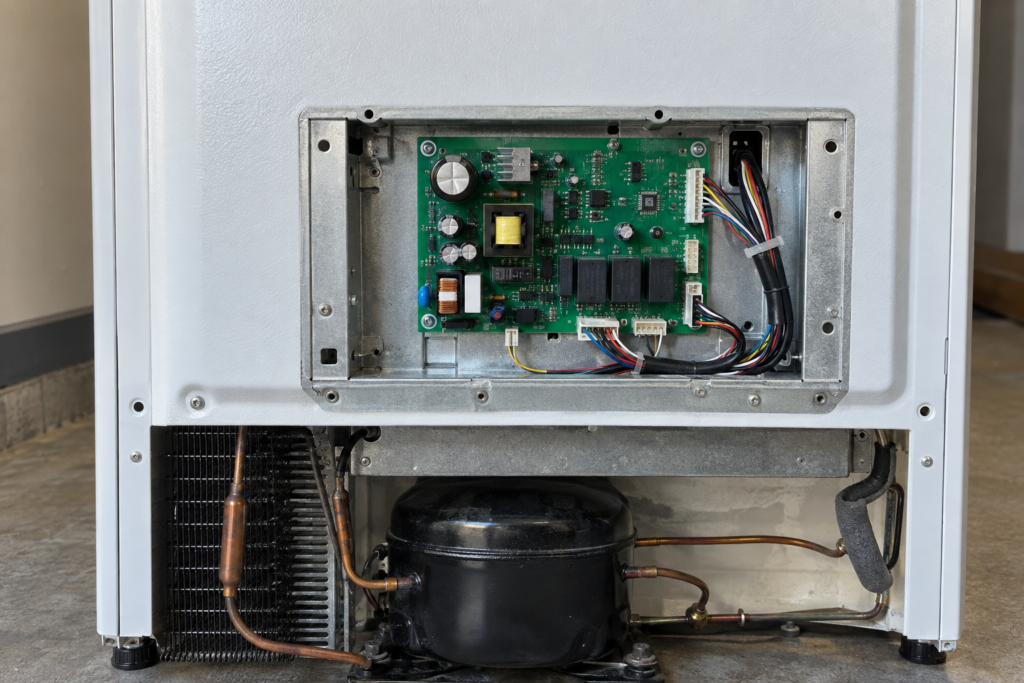 Freezer control board exposed behind the rear access panel of a standalone upright freezer
