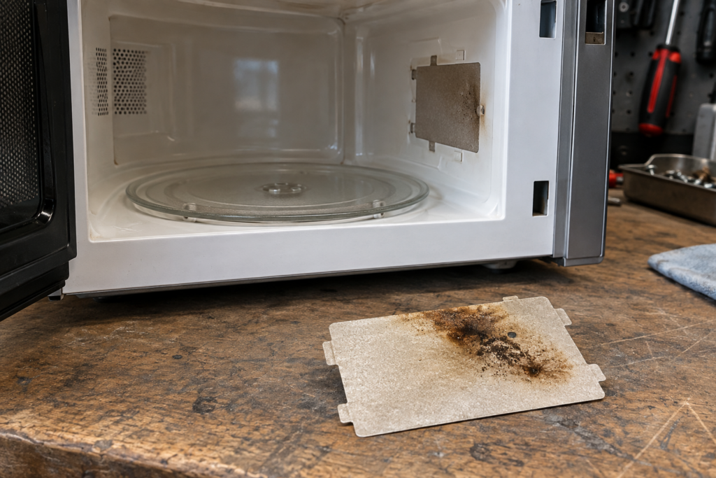 Microwave waveguide cover with visible scorch marks removed from inside the cooking cavity