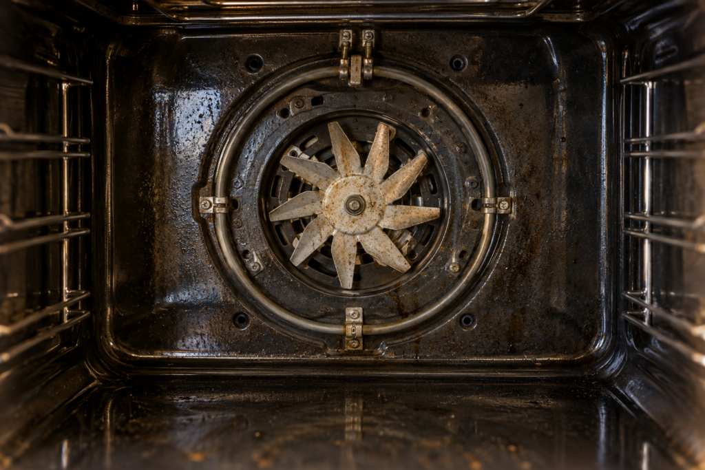 The back wall inside a wall oven with the perforated fan cover removed, exposing the convection fan impeller and the ring heating element around it.