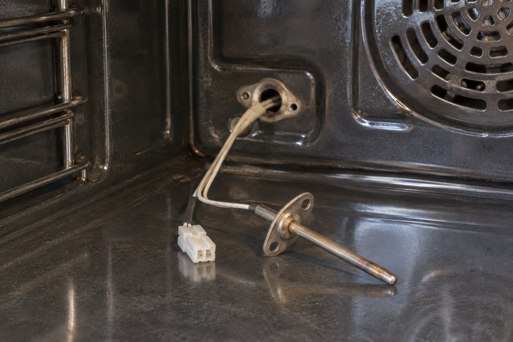 Oven temperature sensor probe and its connector removed from the rear wall of a range oven cavity
