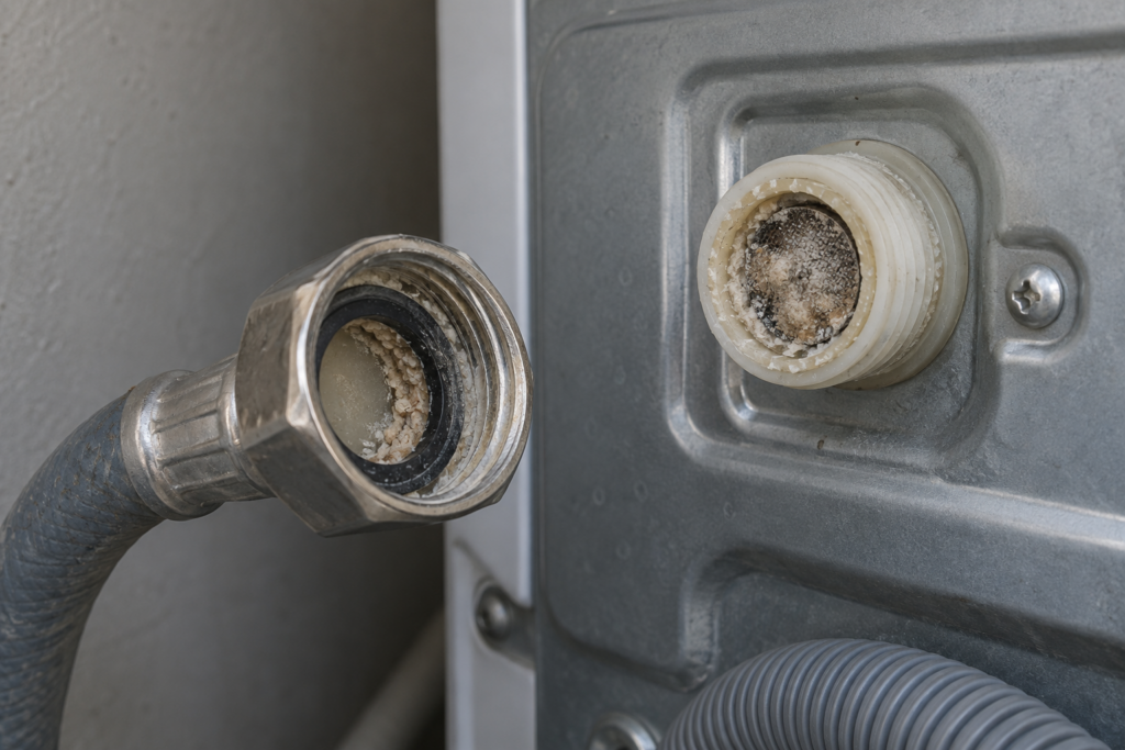 The unscrewed fill hose and the mesh dirt screen in the inlet port at the back of a washing machine, the mesh caked with limescale and grit.