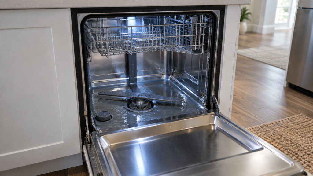 A built-in dishwasher door opened fully, water visible pooling in the base of the tub above the filter assembly.