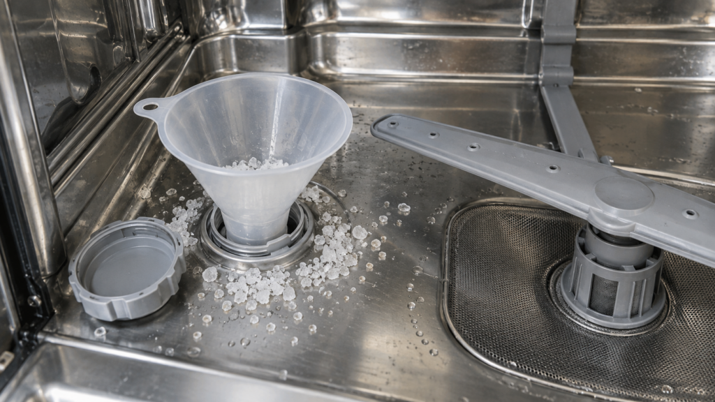 The open salt reservoir in the floor of a dishwasher tub, coarse white regeneration salt spilled around it and a funnel resting in the opening.