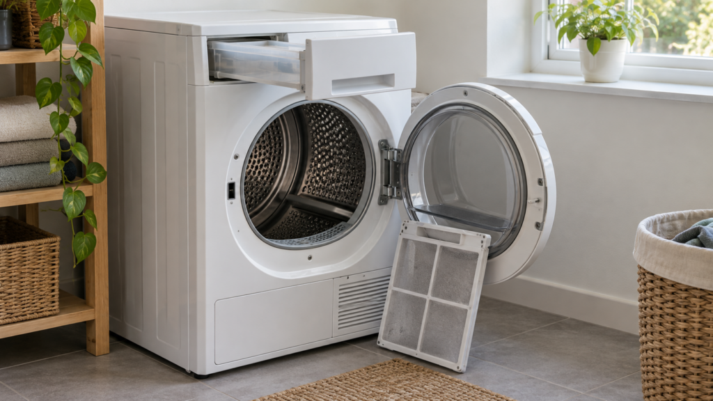 A heat pump condenser clothes dryer with its condensate water tank drawer pulled half out and the lint filter propped against the open door.
