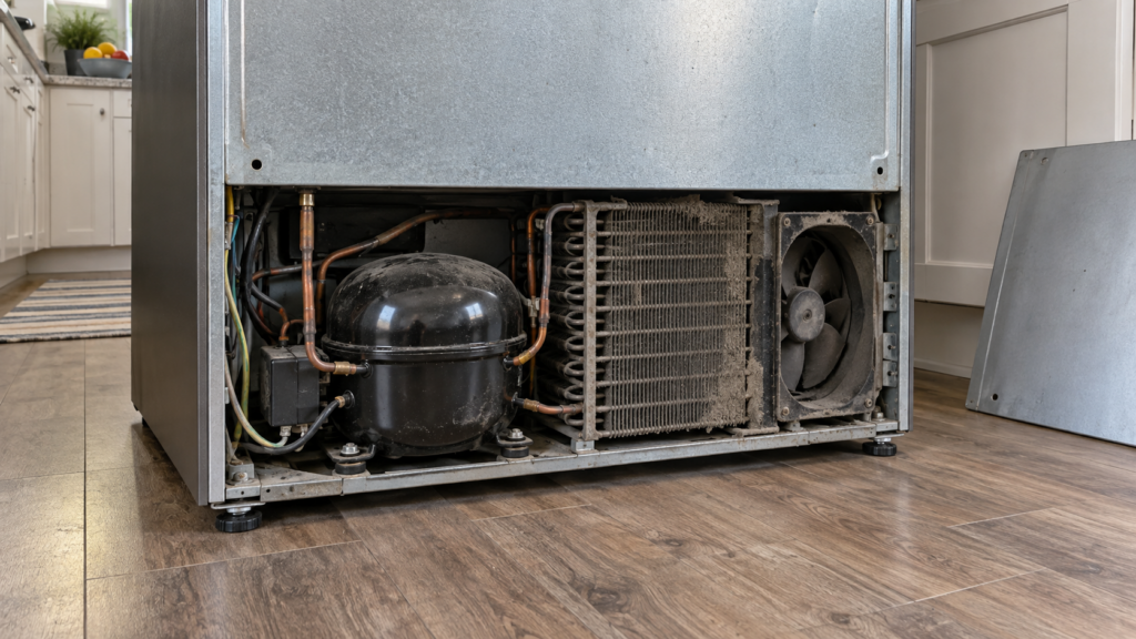 The lower back of a freestanding refrigerator pulled out from its niche, the black compressor dome and dusty condenser coil exposed behind the rear panel.