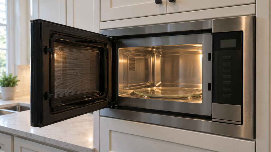 A built-in microwave oven with its door open, the interior cavity wall and turntable visible under interior light.