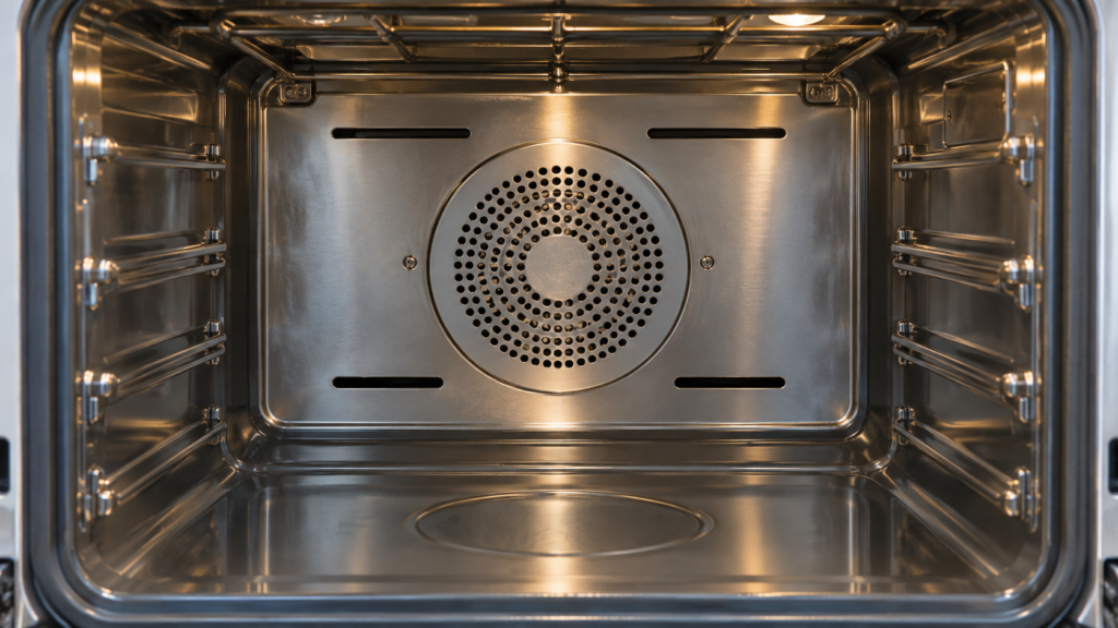 The back wall of a stainless wall oven cavity seen straight on, the round perforated convection fan cover in place with the racks removed.