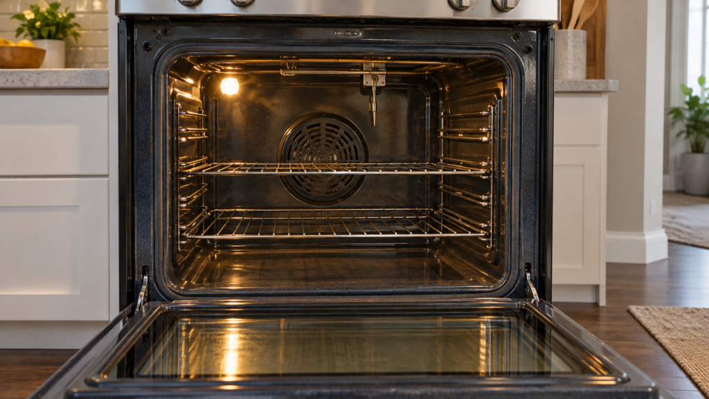A freestanding range's oven cavity through its open door, a small temperature sensor probe mounted near the top of the rear wall.