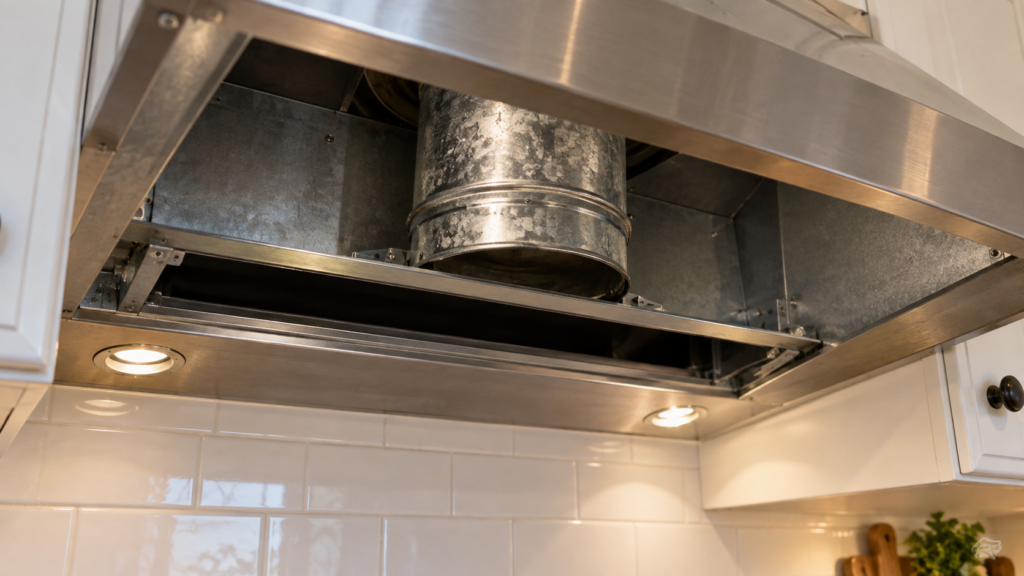 The underside of a range hood with a section of round metal ducting visible where it meets the housing above the filter slot.