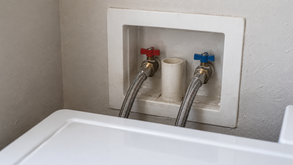 A recessed laundry wall box behind a washing machine, its two supply valves and braided hoses angled into the wall beside a drain standpipe.