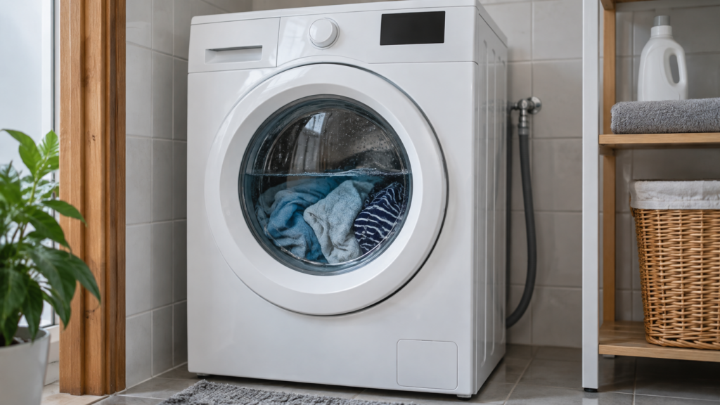A front-load washing machine standing still mid cycle, water high against the inside of the door glass with laundry pressed against it.