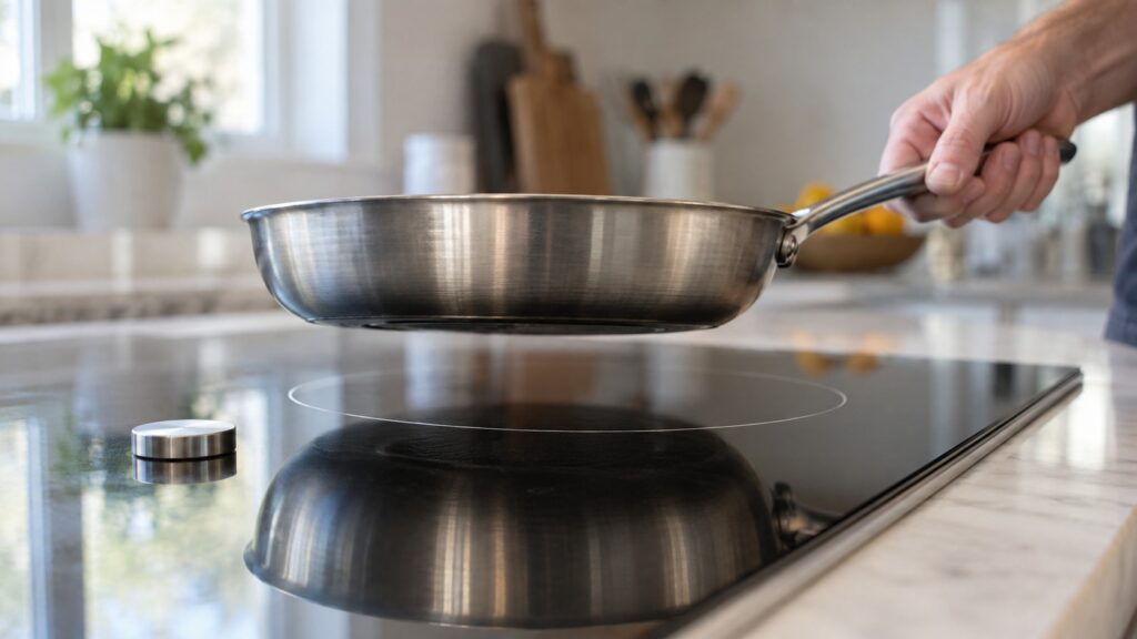 Close-up of a black induction cooktop surface at a low angle with one zone outline visible and a stainless pan lifted just above it, a magnet resting on the glass beside the zone.