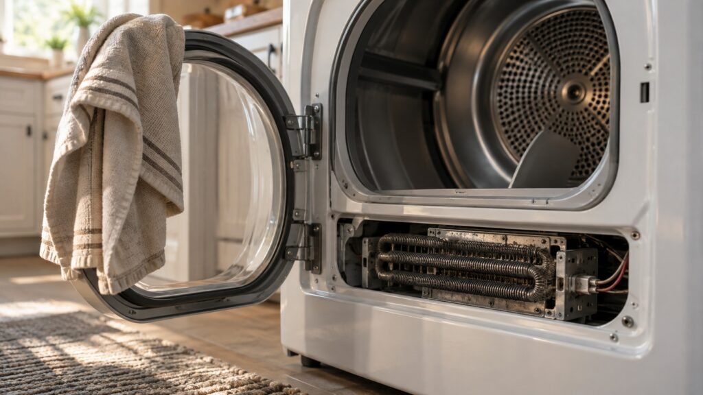 Close-up of the open door and lint filter slot of a clothes dryer with the heating element visible, seen at a low three-quarter angle, with a kitchen towel draped over the handle.