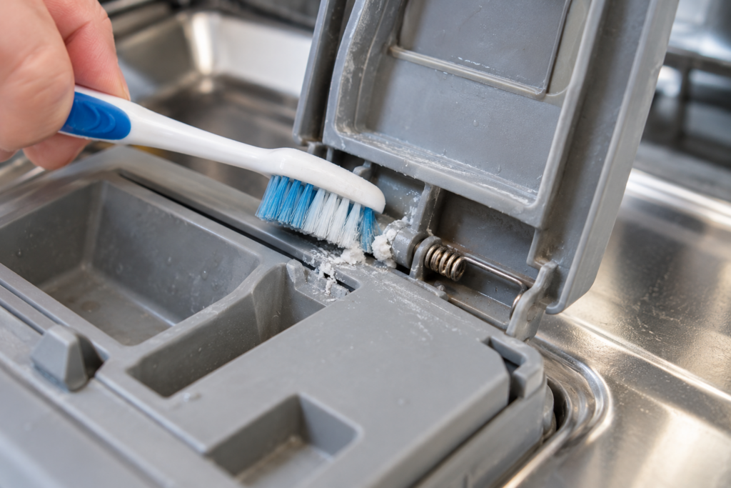 A toothbrush scrubbing the small hinge of a dishwasher detergent dispenser flap.