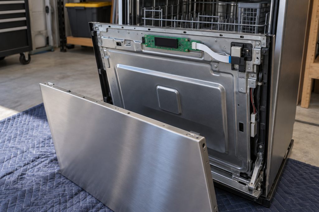 A small display board with a short flat cable inside a dishwasher door with the outer panel removed.