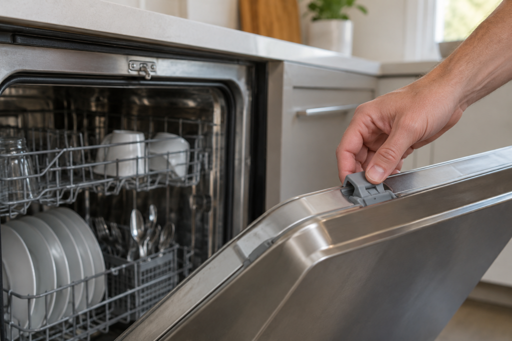 A bare hand rests on the plastic latch hook of an open dishwasher door with the strike on the frame in focus.