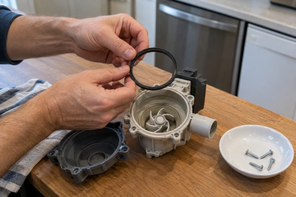 Two hands hold a black rubber seal ring above a half-open dishwasher pump housing with small screws in a saucer.