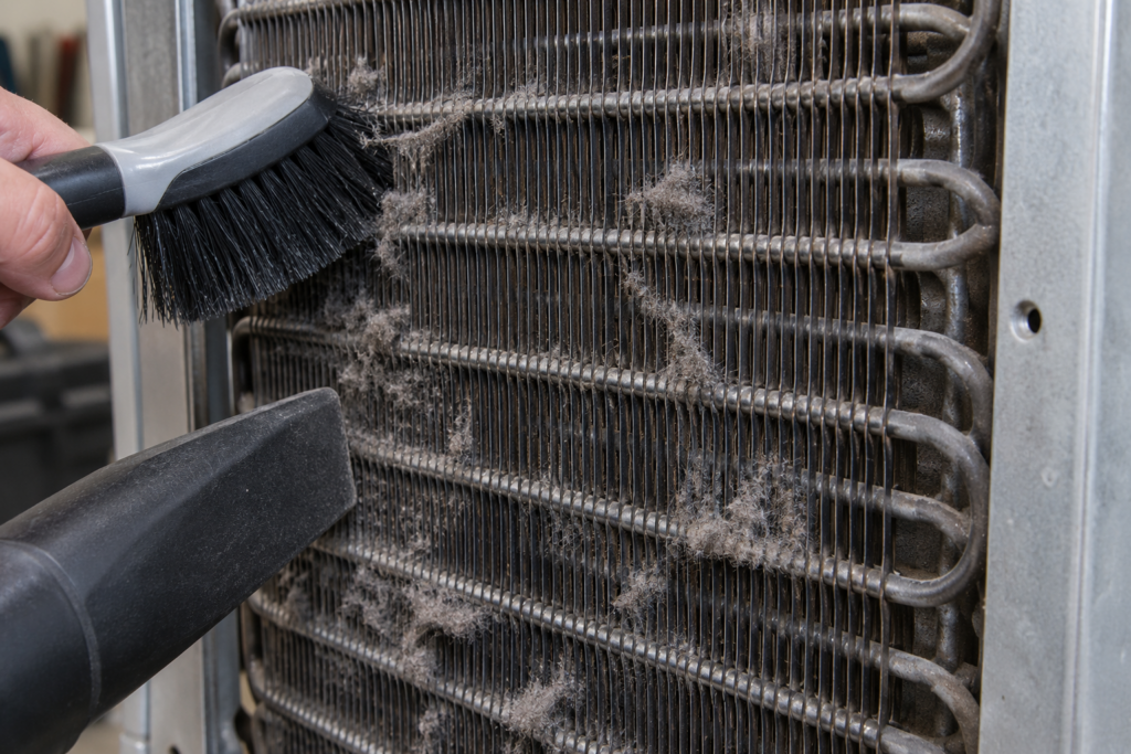 A close-up of lint laid across the tubes of a freezer condenser coil with a soft brush and a vacuum nozzle at the edge.