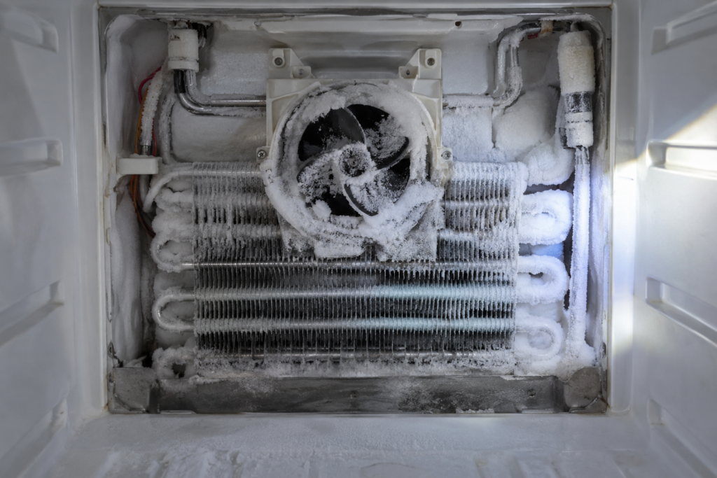 The back wall of an upright freezer with the interior panel removed and a small black fan blade encrusted with white ice.