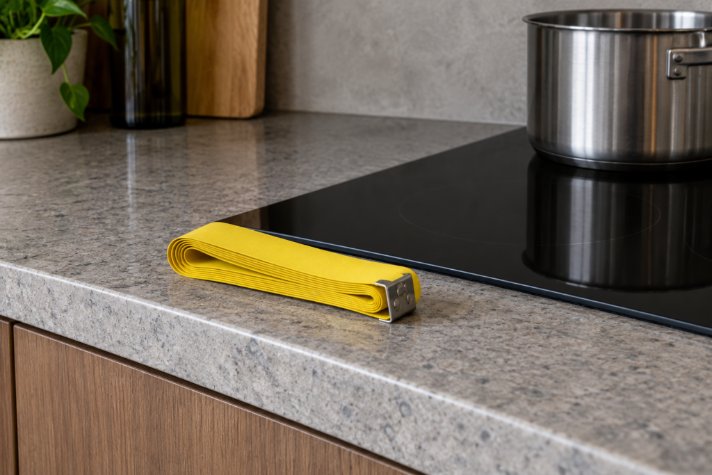 A tape measure lying on a stone counter between its front edge and a dark induction cooktop.