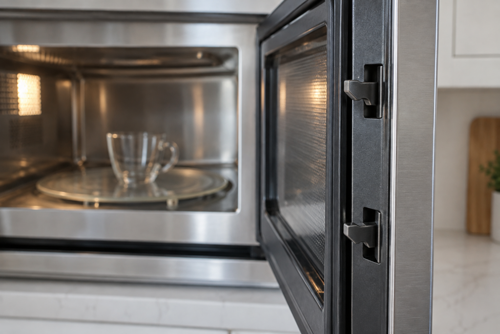 The door frame of an open built-in microwave showing the latch hooks and the rubber seal edge.