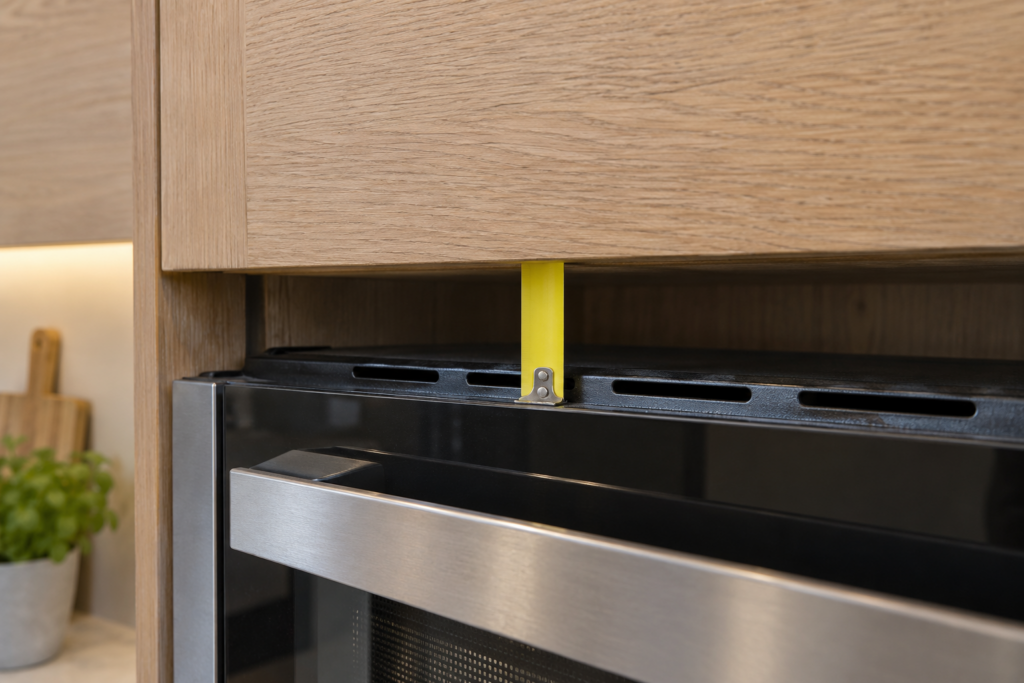 A yellow tape measure held in the narrow ventilation gap between the top of a built-in oven and the cabinet above it.