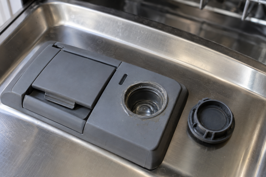 The rinse aid cap twisted off on a dishwasher's inner door with the clear sensor window visible and a dried film around the rim.
