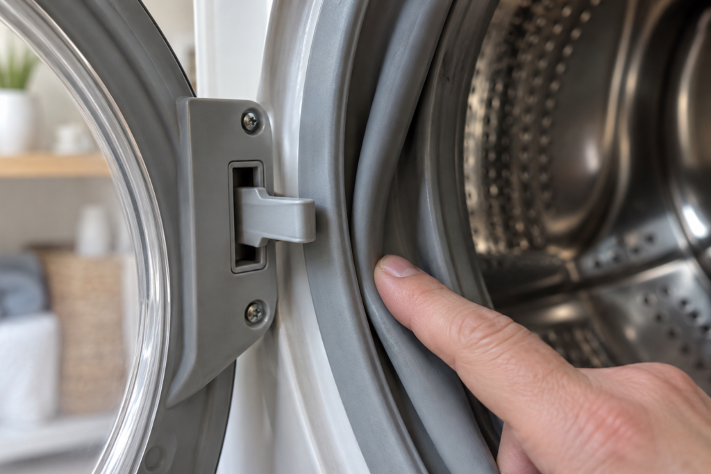 A fingertip running along the rubber seal of an open front-load washer door beside the plastic latch hook.