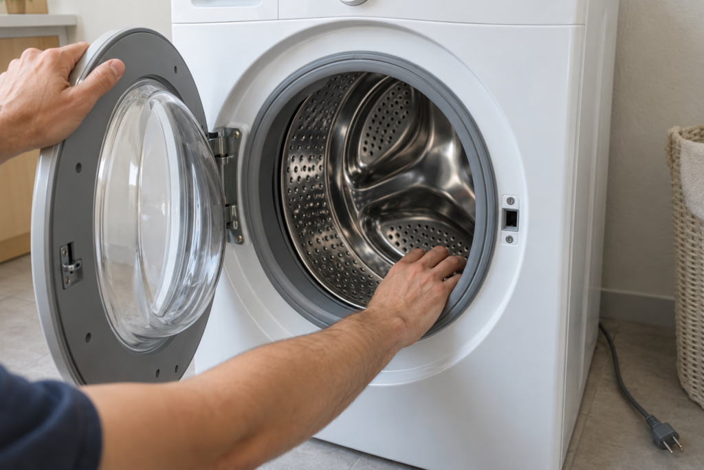 A hand turning the empty drum of an unplugged front-load washing machine through its open door.