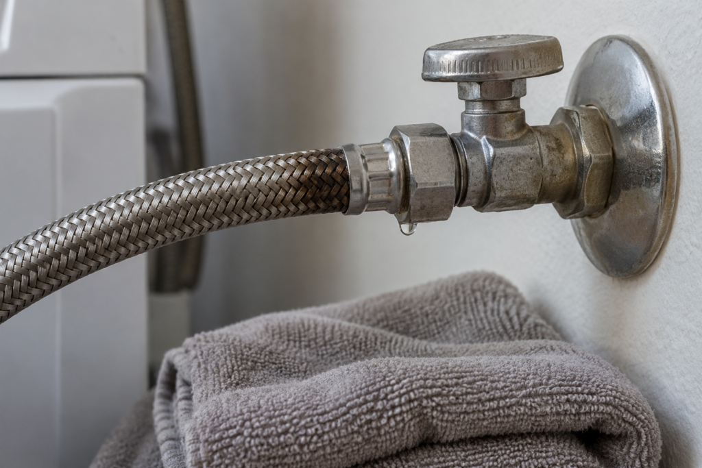 A stainless braided washer hose where its coupling meets the wall valve, with a dark damp stripe on the braid and a water bead on the nut.