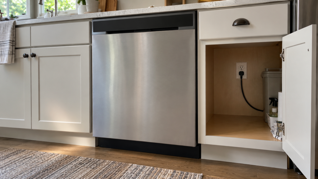 A built-in dishwasher with a dark control strip beside a wall outlet with a plug seated directly in it.