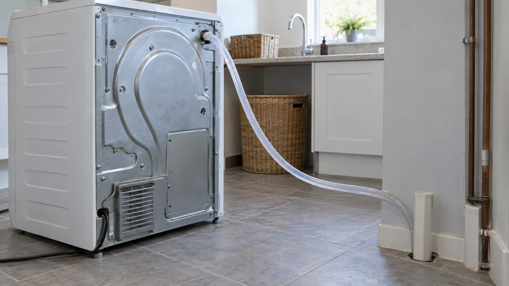 A clear drain hose running from the back of a pulled-out dryer down to a floor standpipe in a gentle slope.