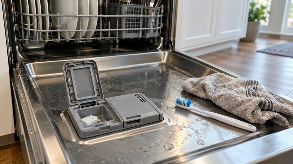 The open detergent dispenser on the lowered inner door of a dishwasher with a half-dissolved tablet in the corner and a toothbrush beside it.