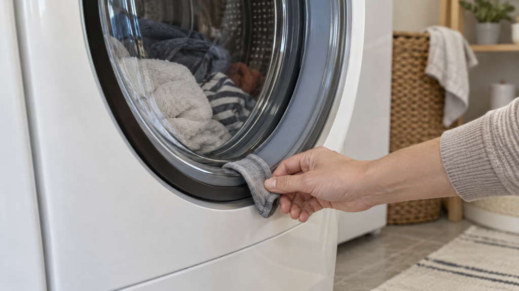 The corner of a sock caught between the door of a front-load washing machine and its rubber seal while a hand reaches to pull it free.