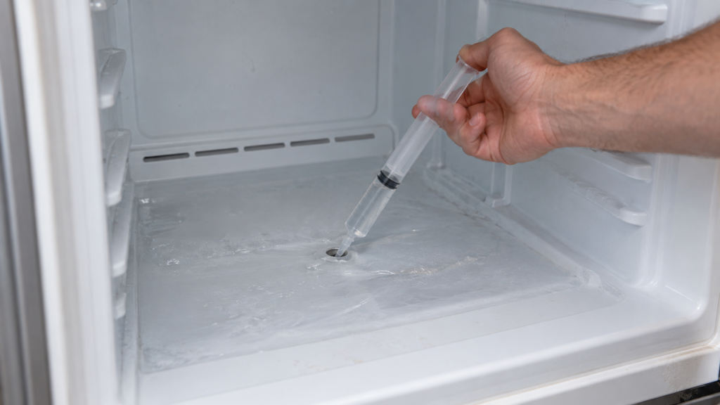 A bare hand holds a medical syringe of clear water at a small drain hole in an empty freezer floor ringed by thin ice.