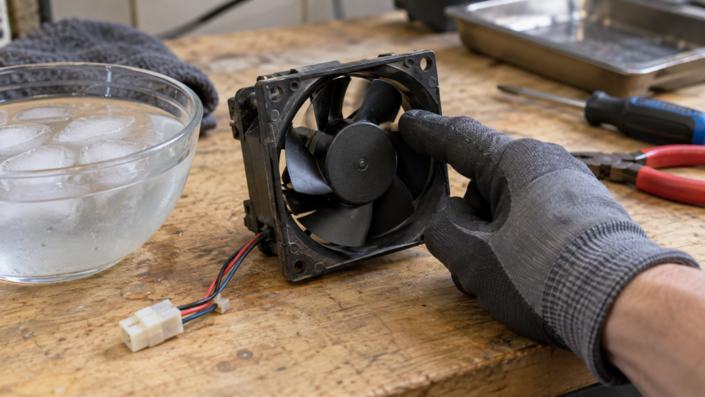 A gloved finger turns the blade of a small removed black fan on a workbench beside a bowl of melted ice water.