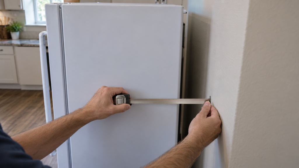 A metal tape measure held in the gap between the side of a tall upright freezer and the wall.