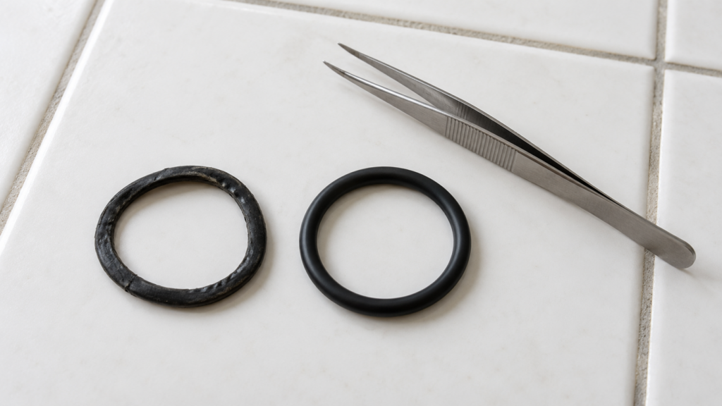 A worn flattened black rubber ring lies beside a new round one on a white tile with tweezers.