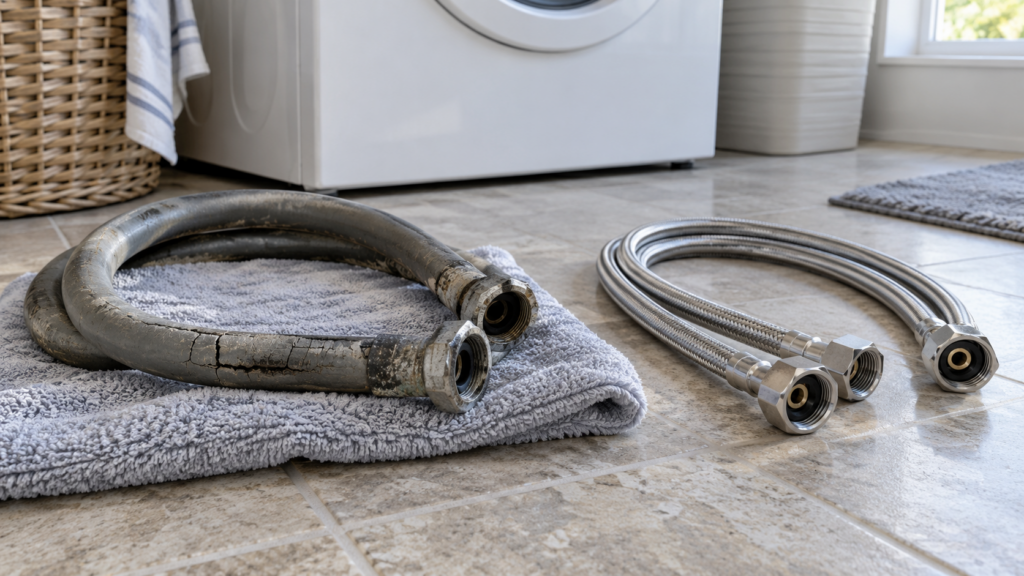 An old cracked grey rubber washer hose lies on a towel beside two new stainless braided hoses.