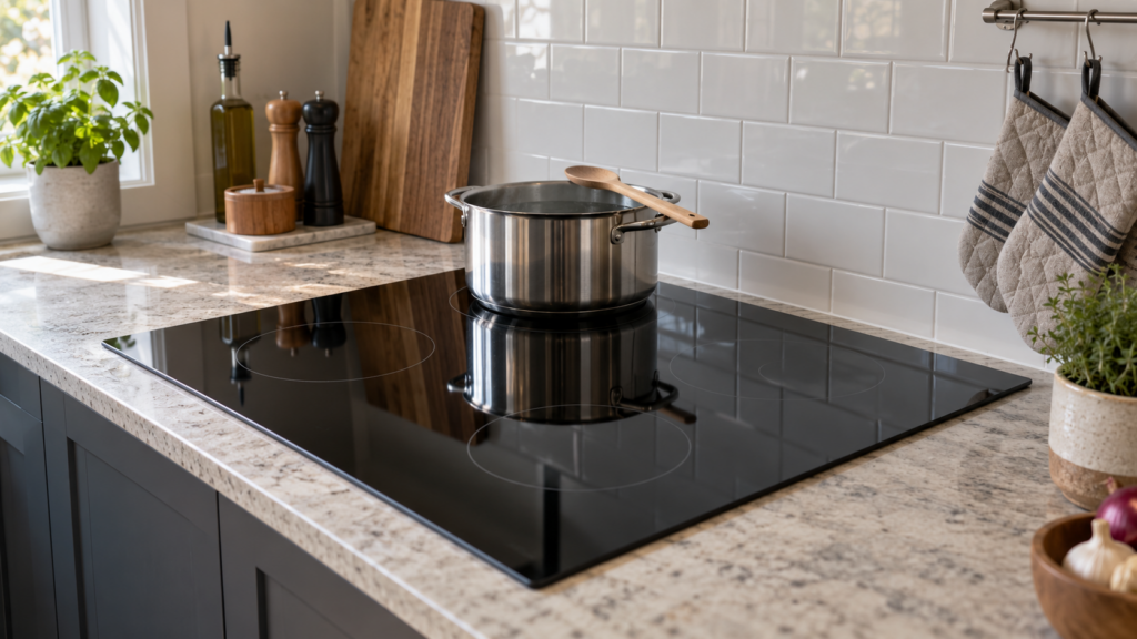 A black glass induction cooktop with a steel pot of water on a rear zone and a wooden spoon resting across it.
