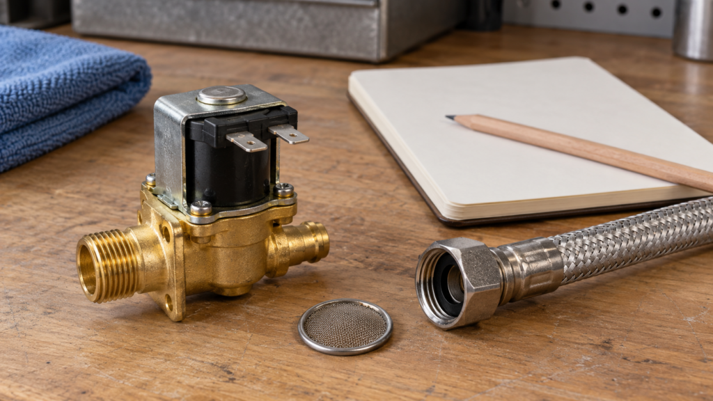 A small brass inlet valve, a short braided hose and a coin-sized mesh screen on a workbench beside a closed notepad.