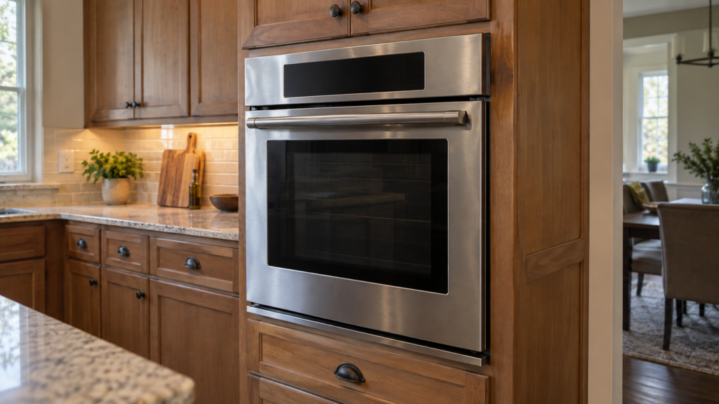 A wall oven in a tall cabinet with a faint brown heat discoloration on the wooden panel beside its upper edge.