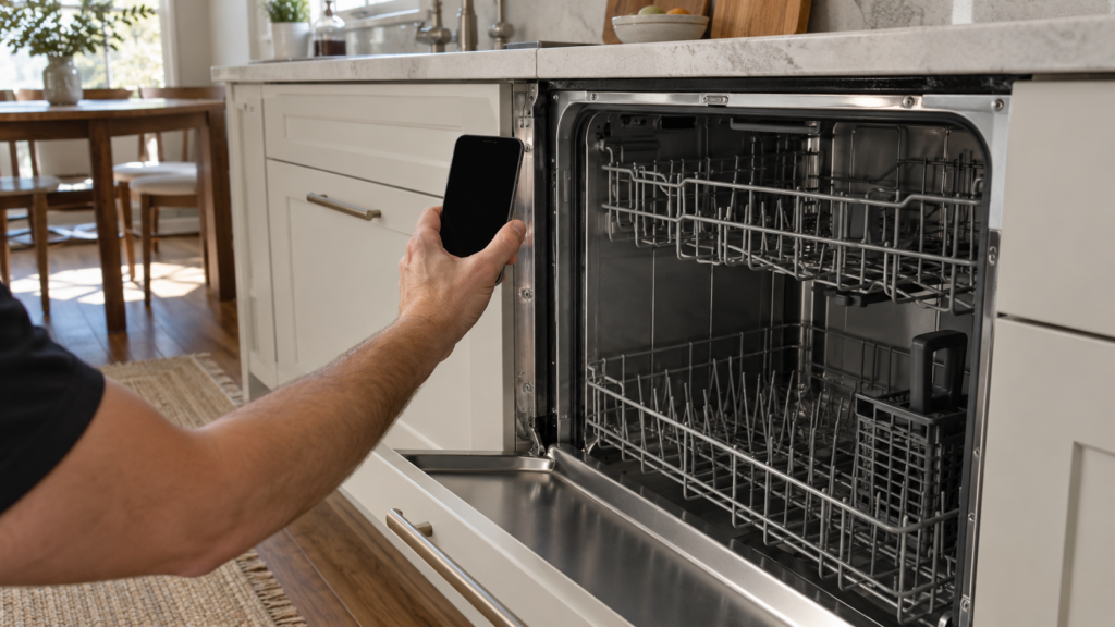 A bare hand holding a phone up to photograph the inner left door frame of an open integrated dishwasher.